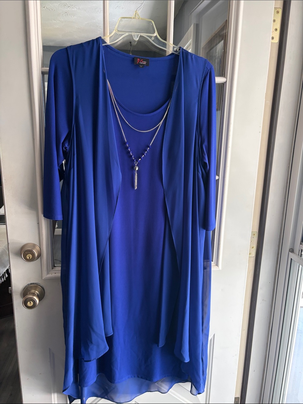 Elegant Royal Blue Long-Sleeve Layered Dress with Necklace Accent